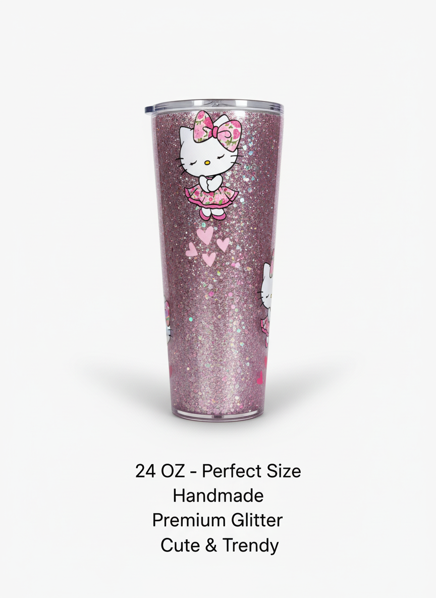 24oz Pink Cat-Inspired Snowglobe Tumbler | Ready to Ship Glitter Cup