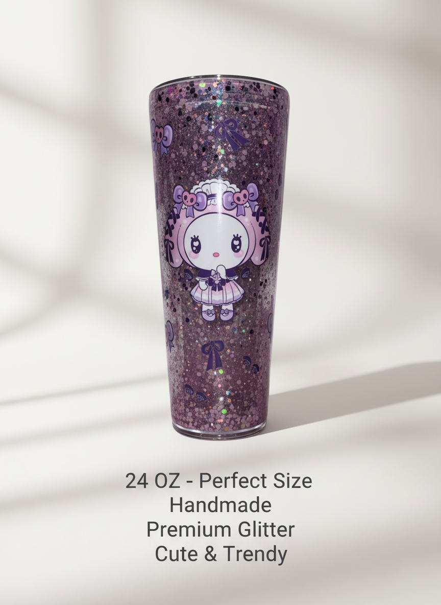 24oz Purple Kawaii Skull Snowglobe Tumbler | Ready to Ship Glitter Cup