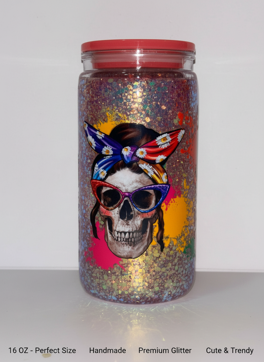 16oz Edgy Skull Snowglobe Tumbler | Ready to Ship Glitter Cup